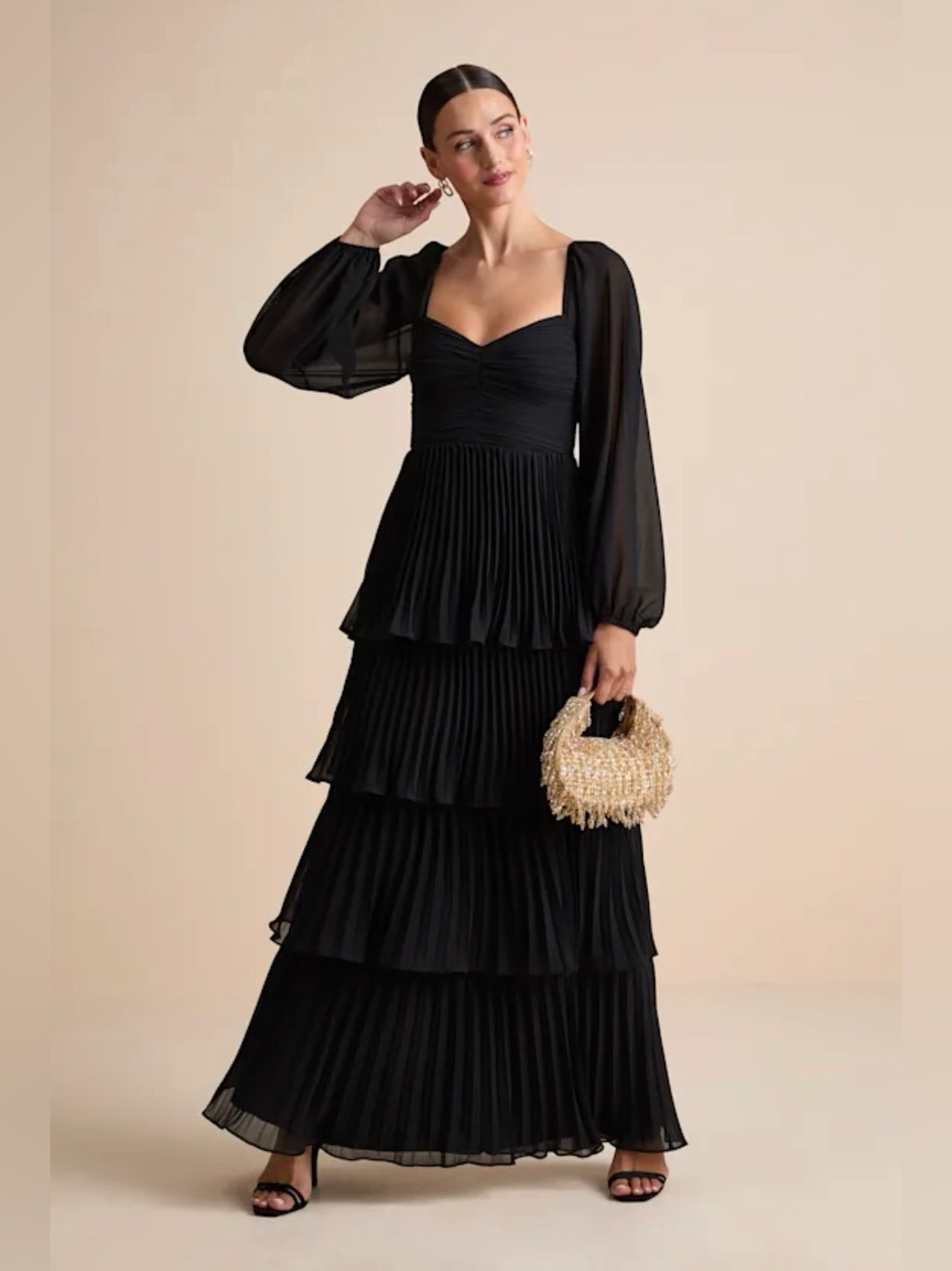 NWOT NAVY BLUE Elegant Tiered Pleated Balloon Sleeve Maxi Dress $98 MSRP